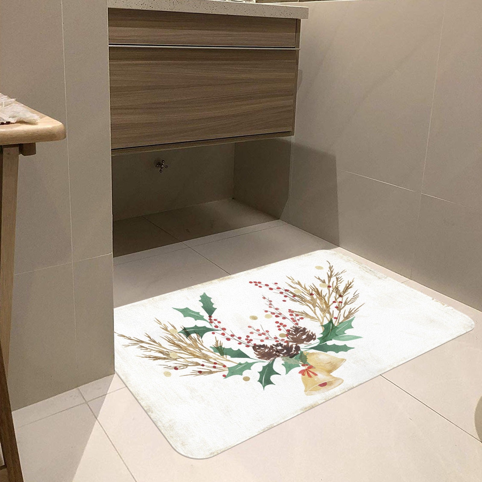 Christmas bells doormat with watercolor festive design, perfect for indoor/outdoor use, rubber material