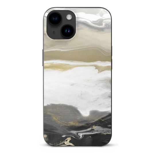 iPhone 15 case with abstract art design in gold, gray, and black. Made of TPU material for shockproof protection.