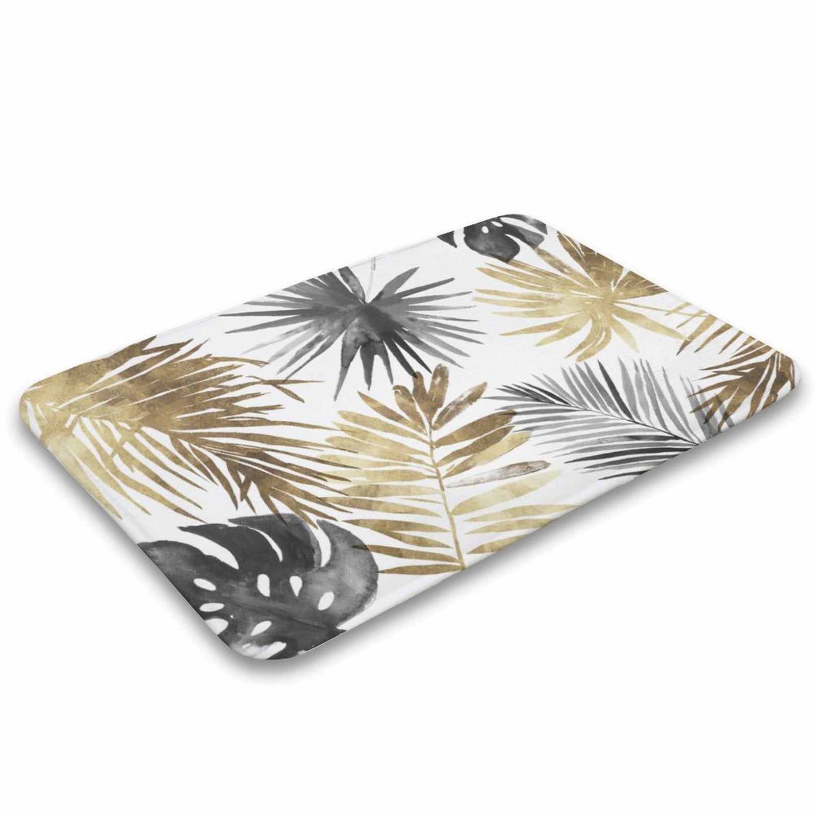 Coral velvet bath rug with gold, gray, black tropical leaves for bathroom and kitchen