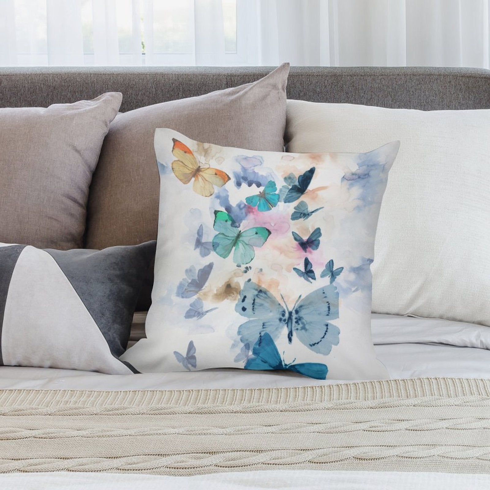 Butterfly pillow cover. Watercolor butterflies in shades of blue and turquoise. Soft plush pillow for sofa decor.