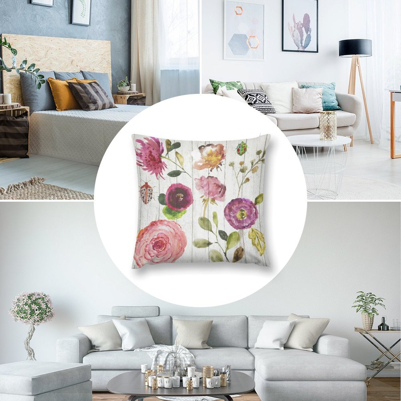 Watercolor floral plush throw pillow cover for sofa or couch, soft and fluffy, decorative for living room, bedroom
