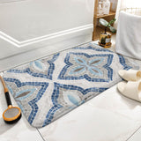 Coral velvet bath rug with mosaic design; non-slip, quick-drying floor carpet for bathroom, kitchen, or bedroom