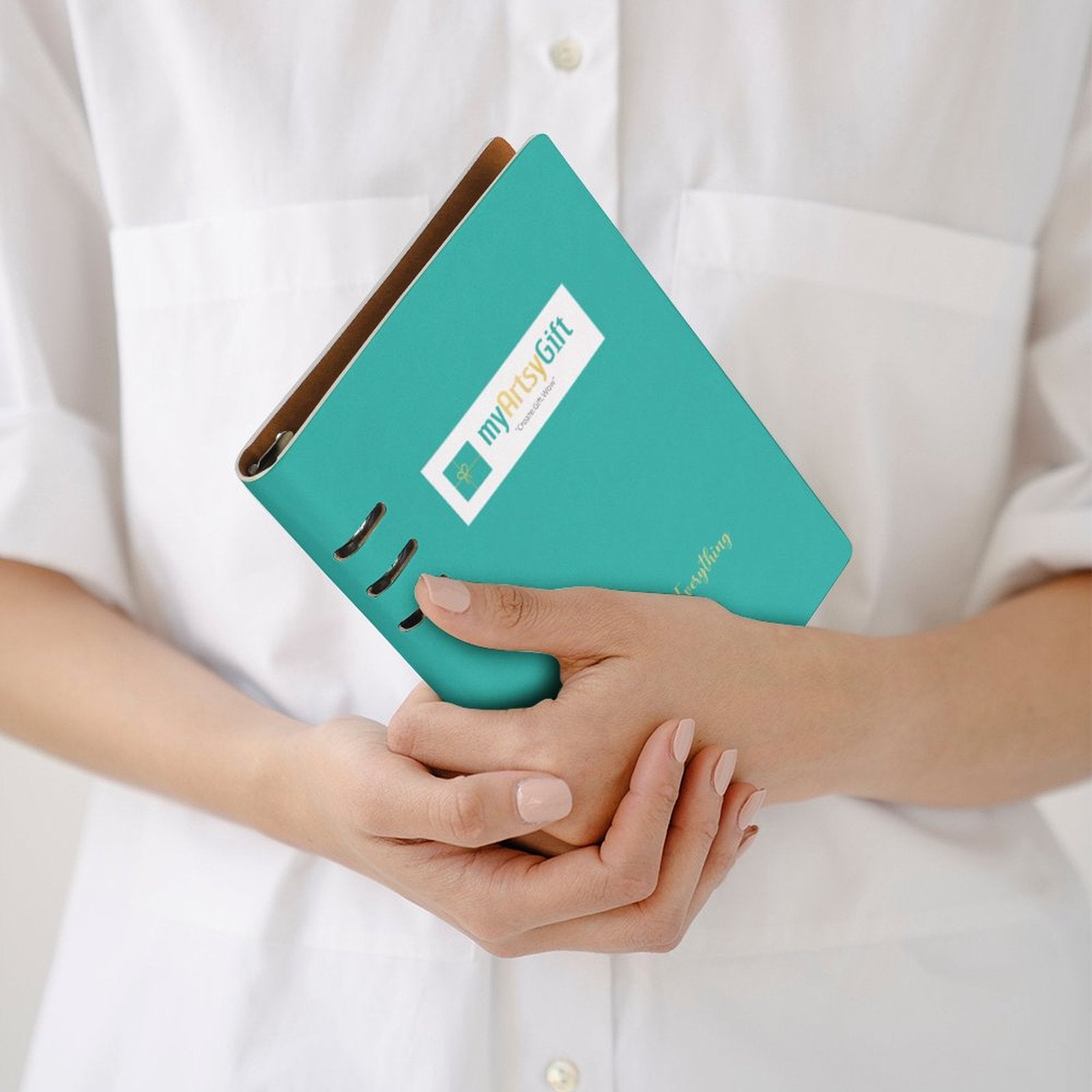 MyArtsyGift teal PU leather loose-leaf notebook, ideal for note-taking, school, or office supplies. From Art to Everything.