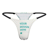 Personalized thong for women featuring "YOUR DESIGN HERE" text, white with yellow hearts, sexy underwear
