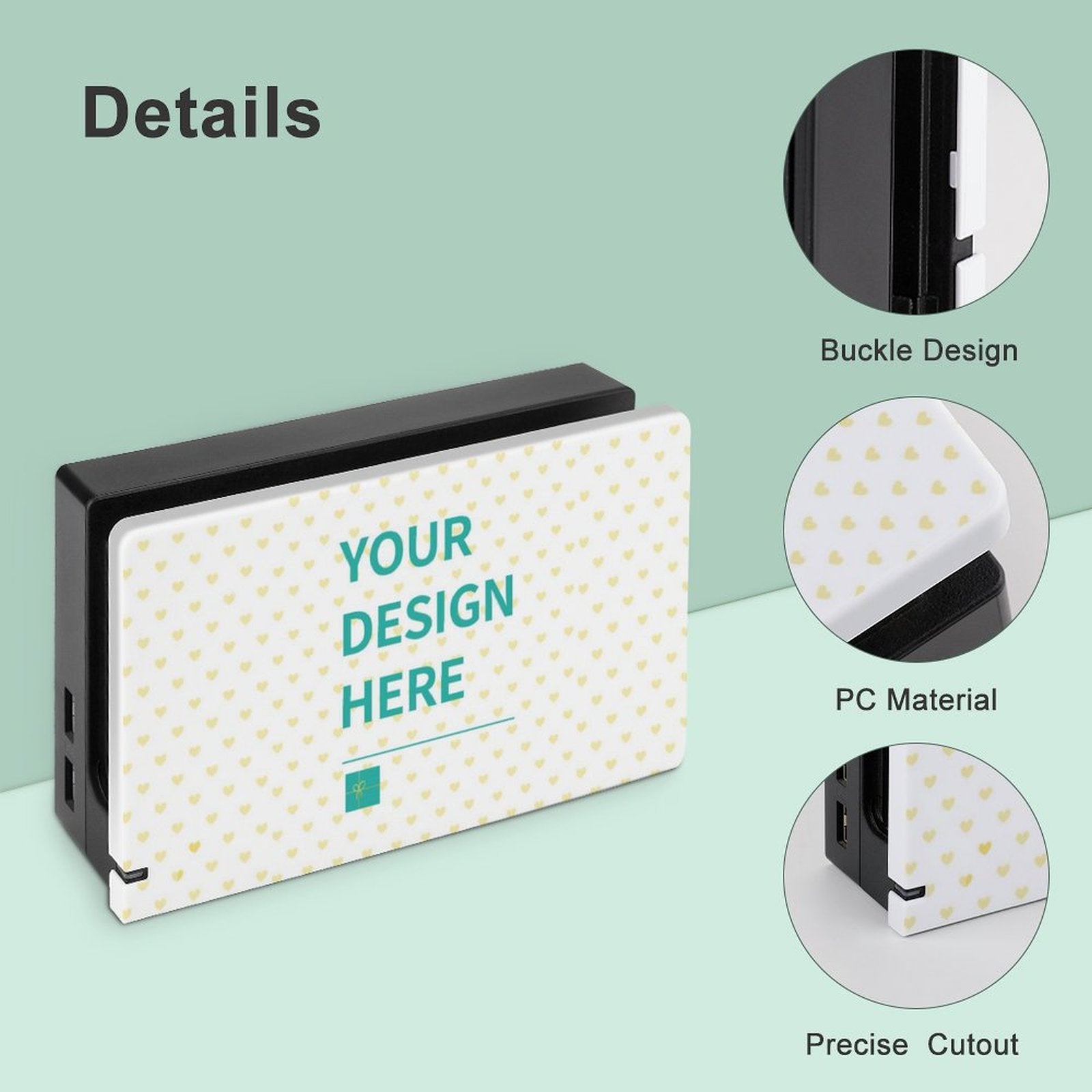 Custom Nintendo Switch charging dock faceplate with 'YOUR DESIGN HERE' design; PC material, available at MyArtsyGift.com