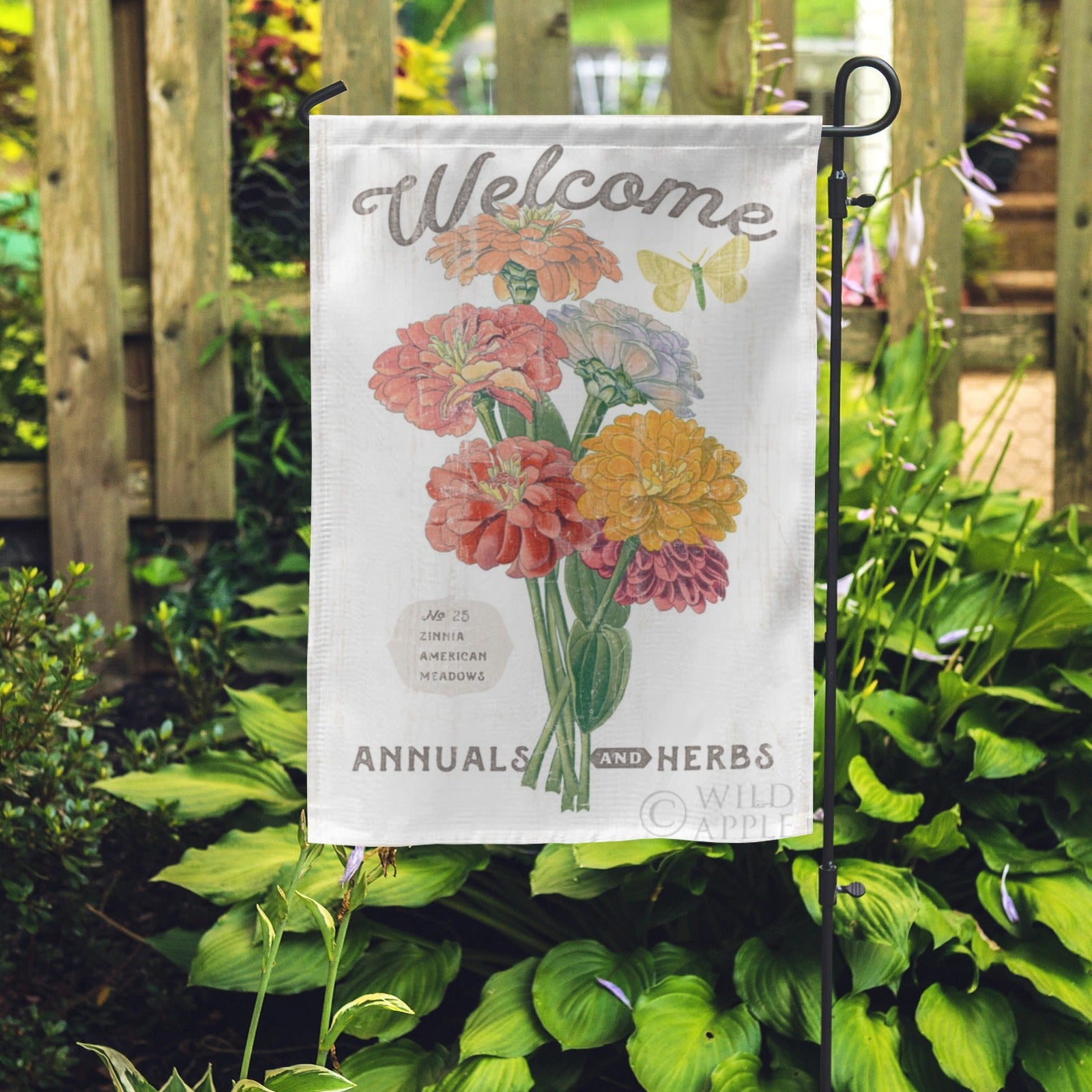 Double-sided garden flag with colorful zinnia flowers, welcome text, and farmhouse garden decor