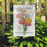 Double-sided garden flag with colorful zinnia flowers, welcome text, and farmhouse garden decor