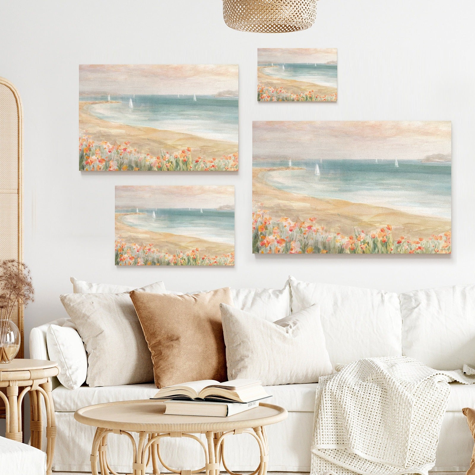 Around the Point III beach canvas print set on wall, flowers and sailboats, home decor wall art
