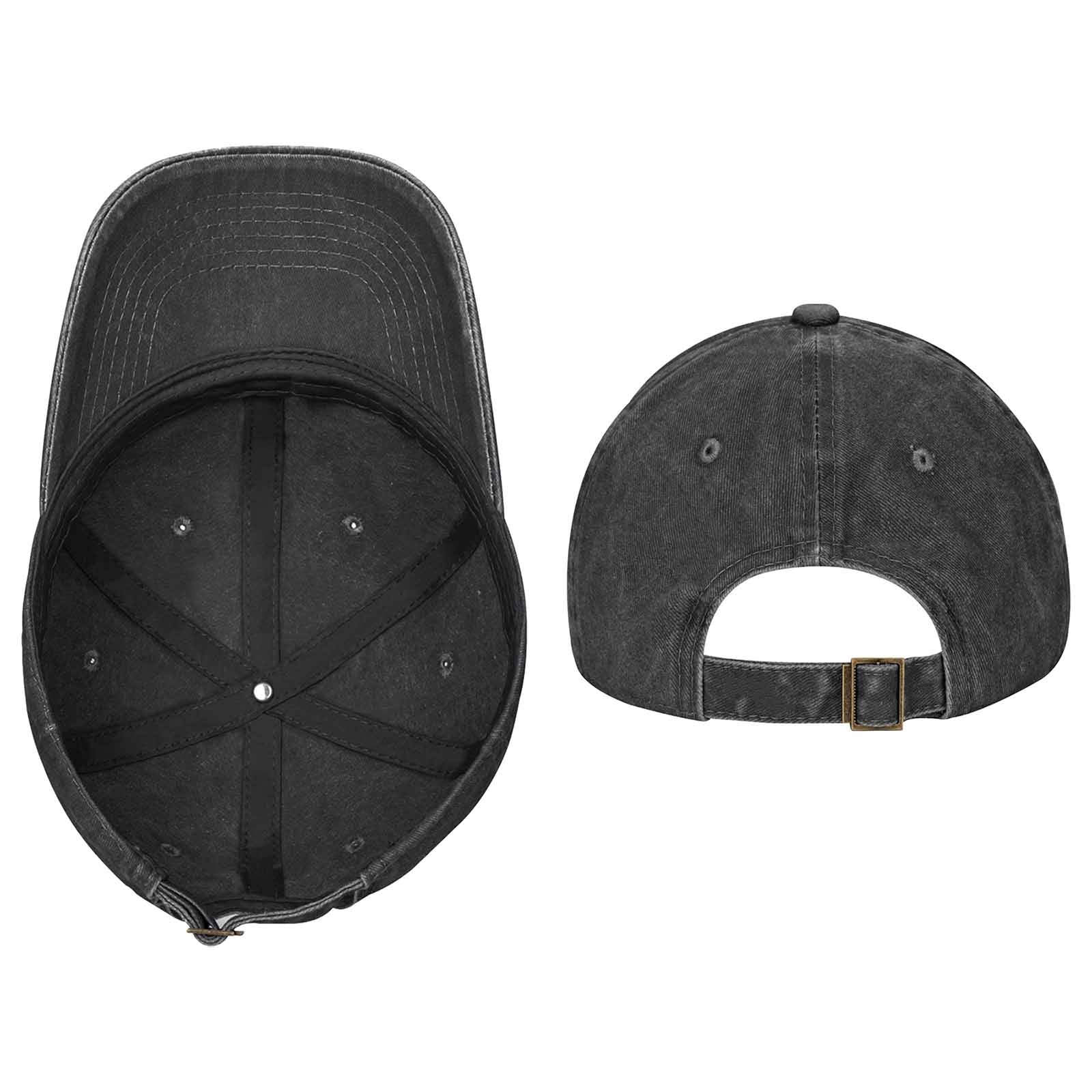 Dark gray custom washed denim baseball cap. Made from cotton, with adjustable buckle, perfect personalized gift