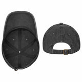 Dark gray custom washed denim baseball cap. Made from cotton, with adjustable buckle, perfect personalized gift