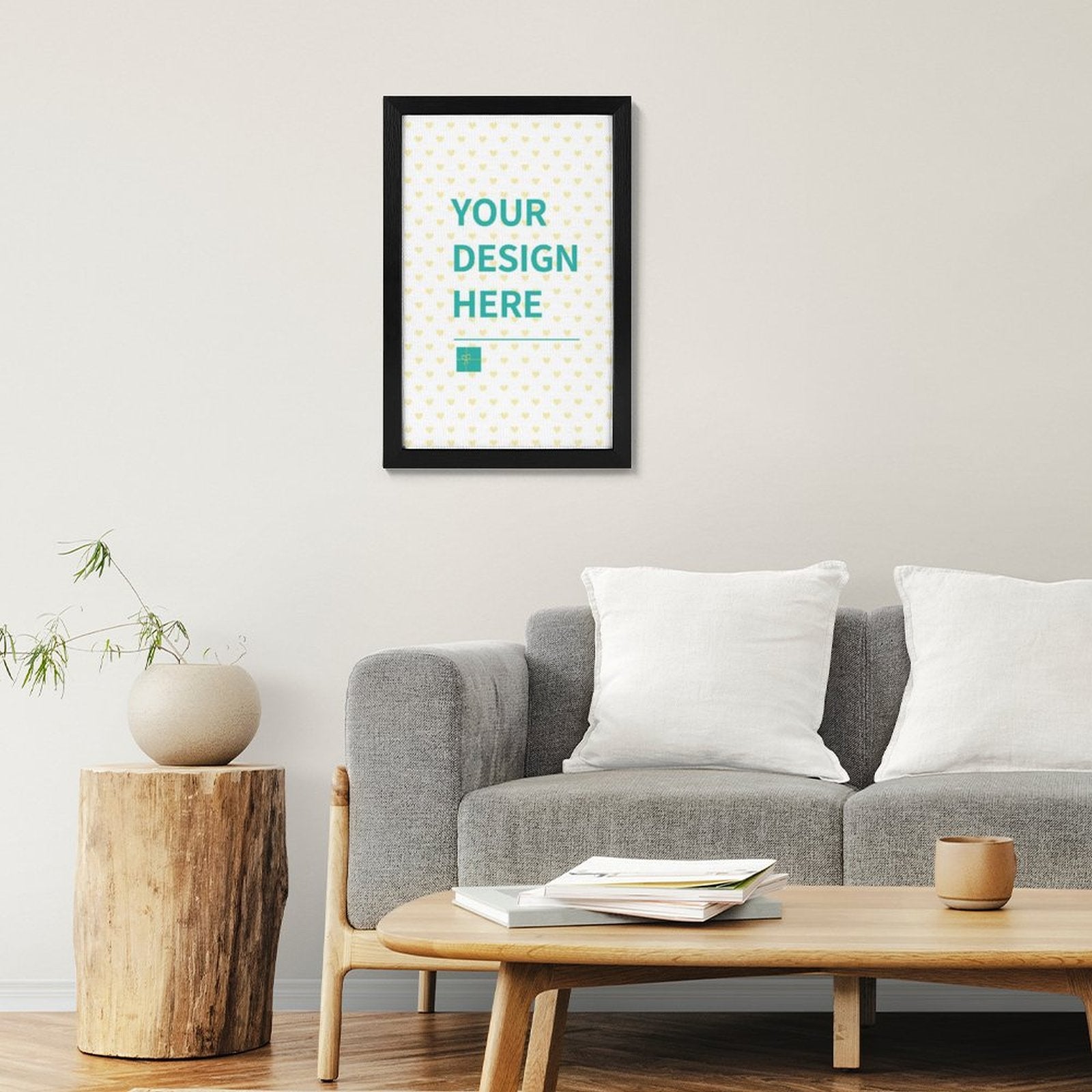 Customizable canvas print with YOUR DESIGN HERE text in black frame, home decor. Canvas and wood material, modern wall art.