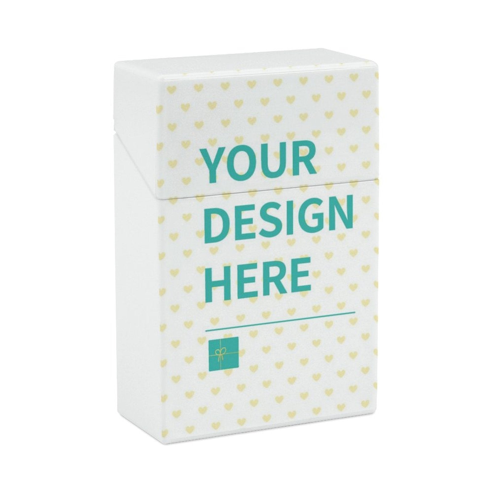 Custom cigarette case with "YOUR DESIGN HERE" text, white plastic, personalized gift for men and women