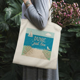 Canvas tote bag with beach graphic and "DUNE just fine" text; perfect shopping bag.
