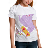 Kids white t-shirt with purple elephant graphic skateboarding and BE UNIQUE text.