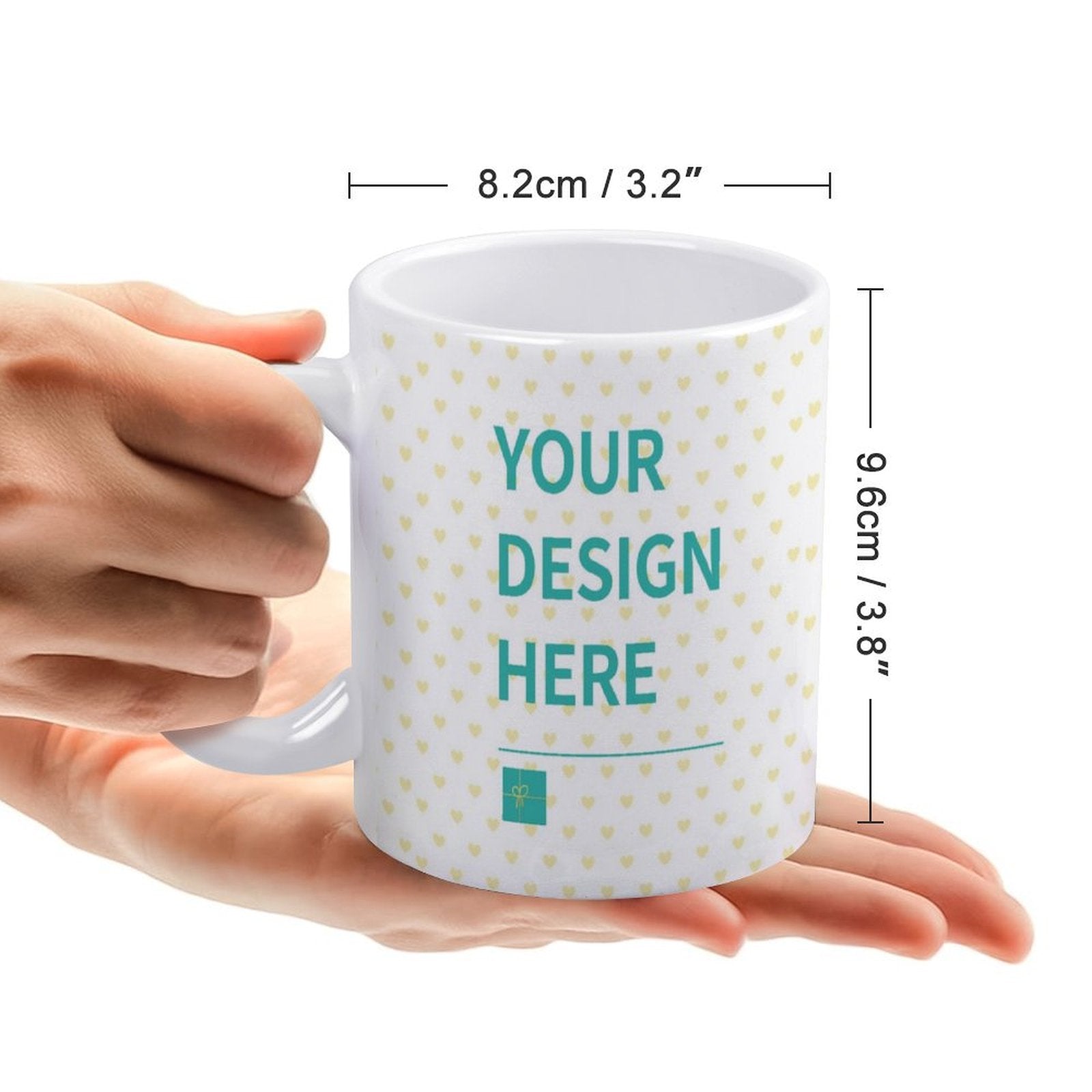 Customizable white ceramic mug with 'YOUR DESIGN HERE' text. Perfect personalized gift, available at MyArtsyGift.com