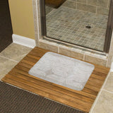 Coral velvet bath rug with wave design on wooden floor in bathroom, non-slip, quick-drying