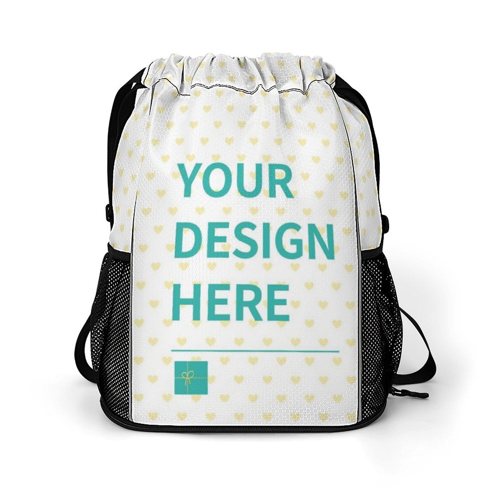 Personalized drawstring backpack with "YOUR DESIGN HERE" text, ideal for gym, travel, sports, features dry/wet separation