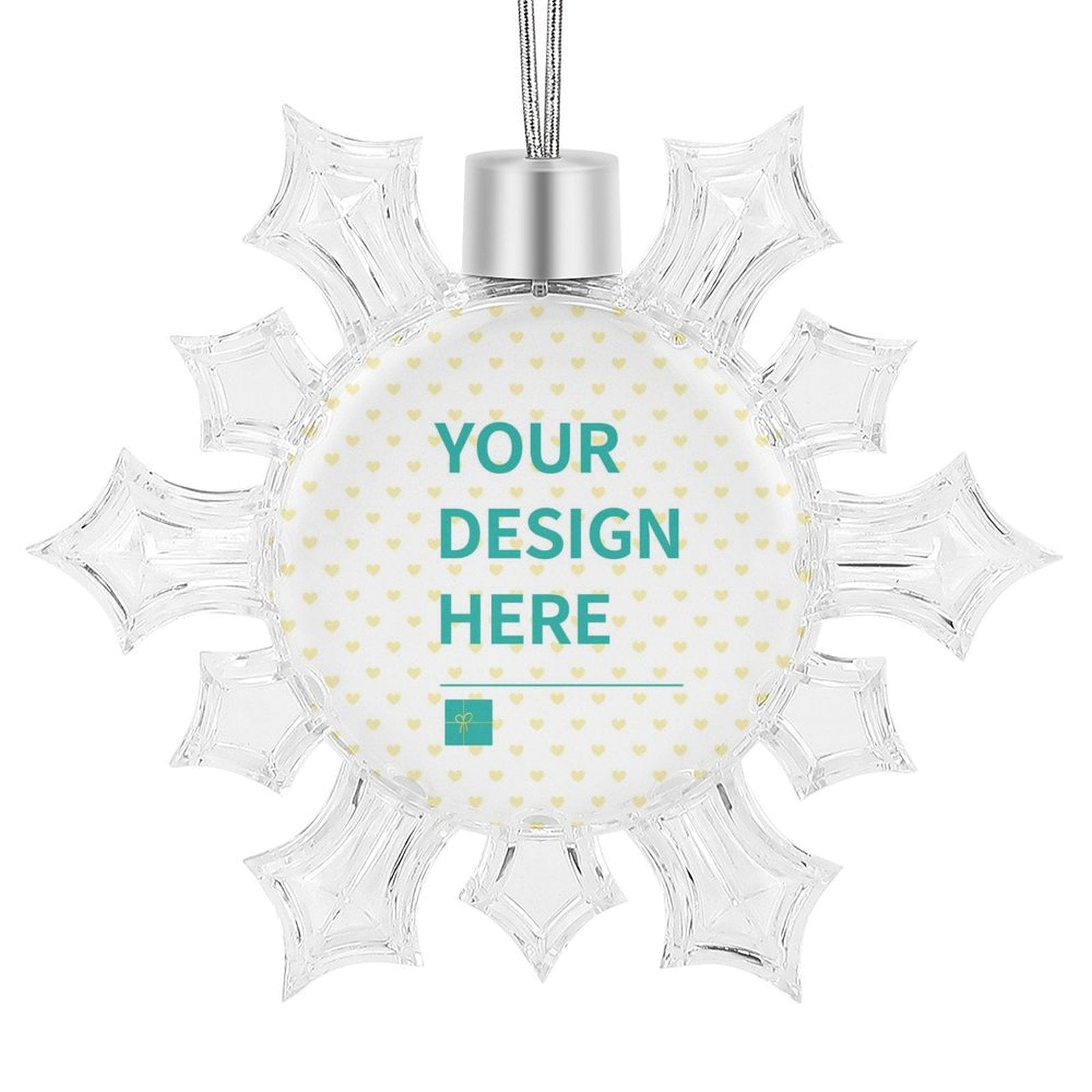 Personalized Christmas Ornament with 'YOUR DESIGN HERE'. Snowflake-shaped, transparent plastic, perfect for Xmas decorations.