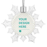 Personalized Christmas Ornament with 'YOUR DESIGN HERE'. Snowflake-shaped, transparent plastic, perfect for Xmas decorations.