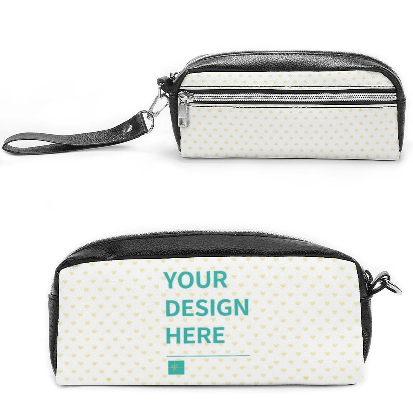 Personalized cosmetic bag with lychee leather, double zipper, and your design. Ideal as a makeup pouch or pencil case.