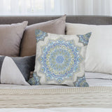 Blue and green mandala design plush throw pillow cover for sofa or living room decor, soft fabric