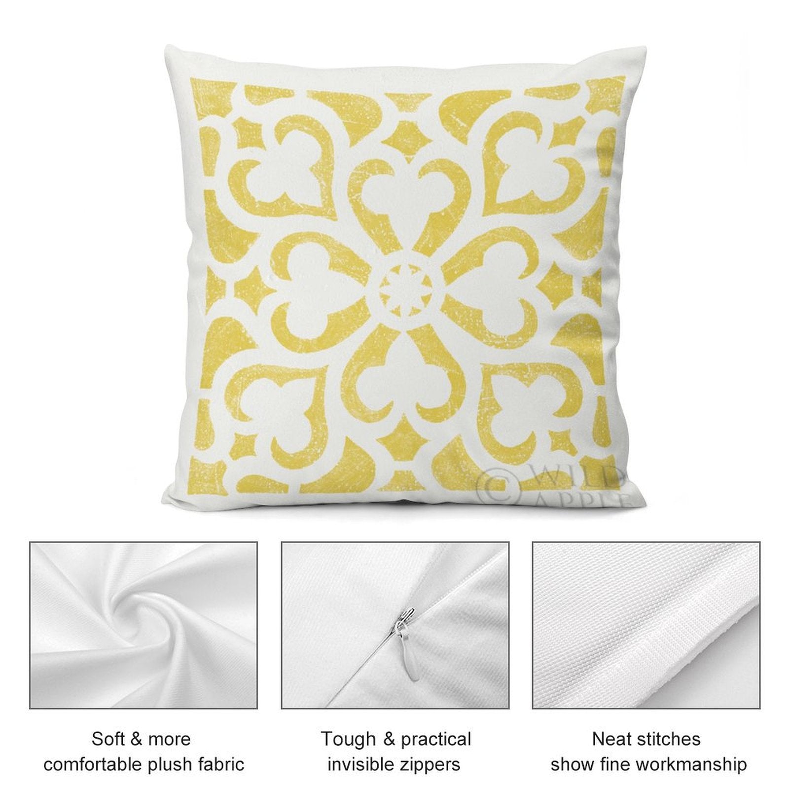 Plush throw pillow cover with yellow floral pattern, soft fabric, and invisible zipper for sofa, couch, and living room decor