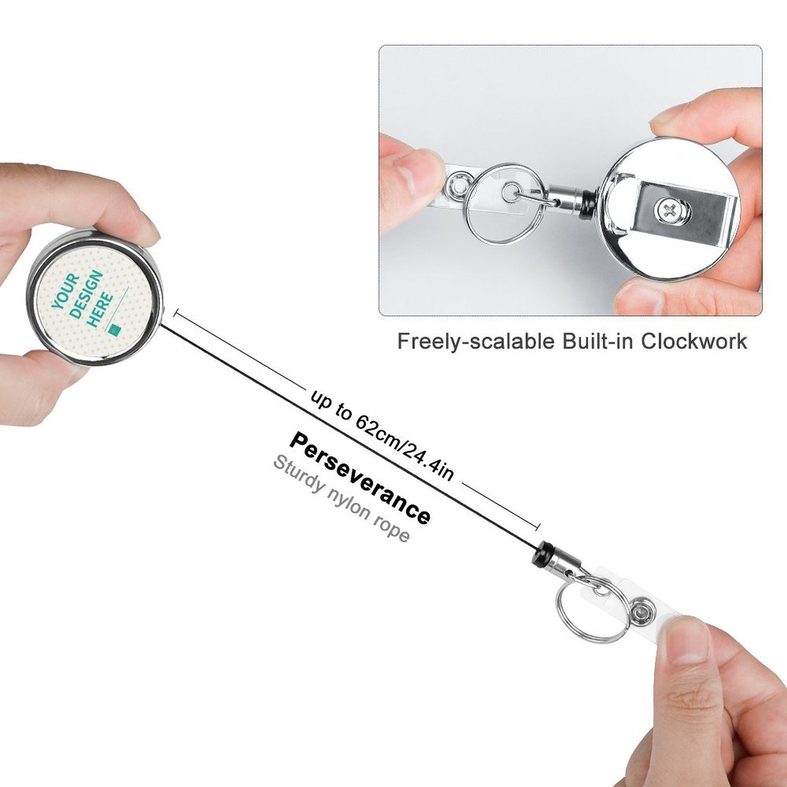 Custom badge reel holder with personalized design, stainless steel ID clip and retractable nylon cord.