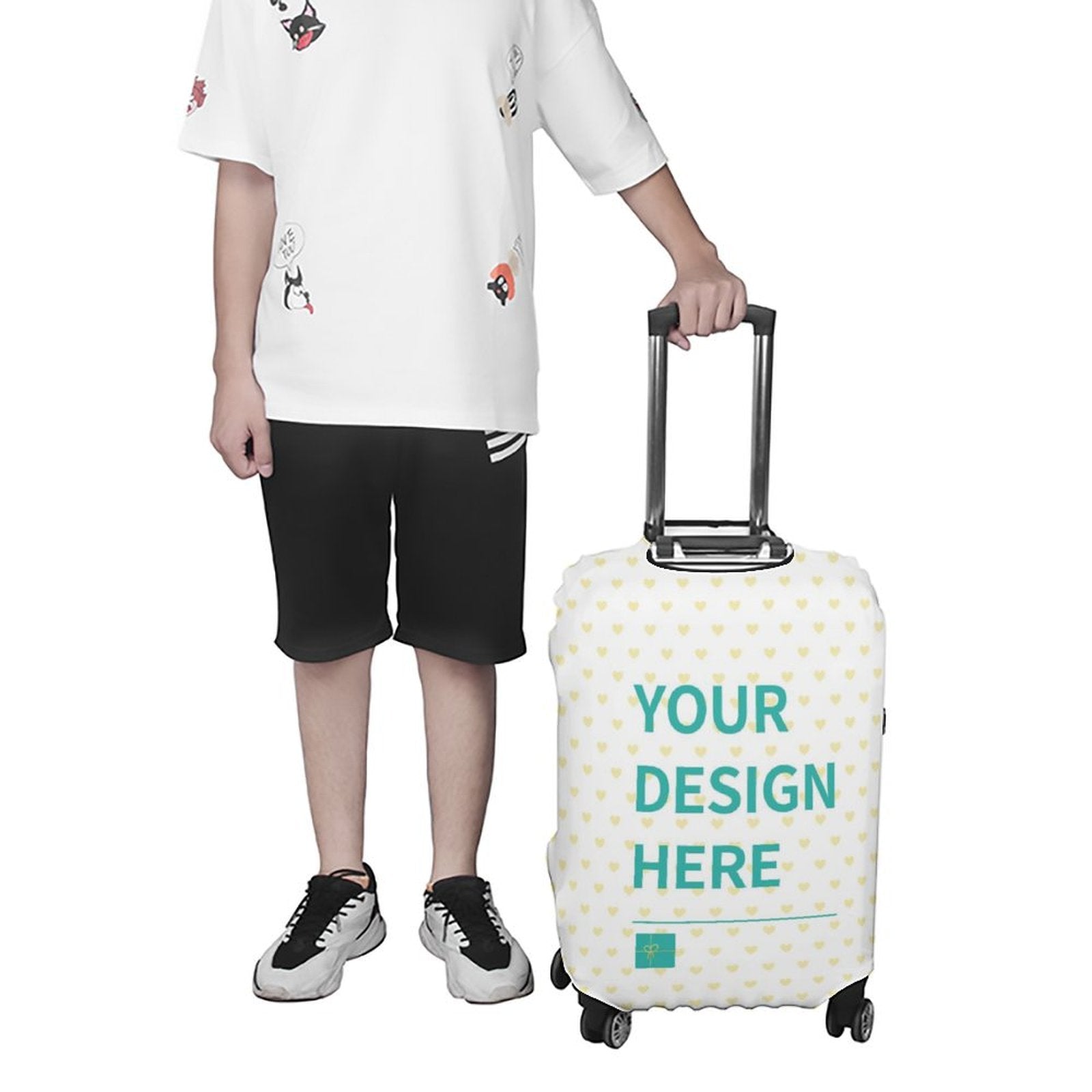 Custom luggage cover with 'YOUR DESIGN HERE' text, white with yellow hearts pattern, suitcase protector by MyArtsyGift