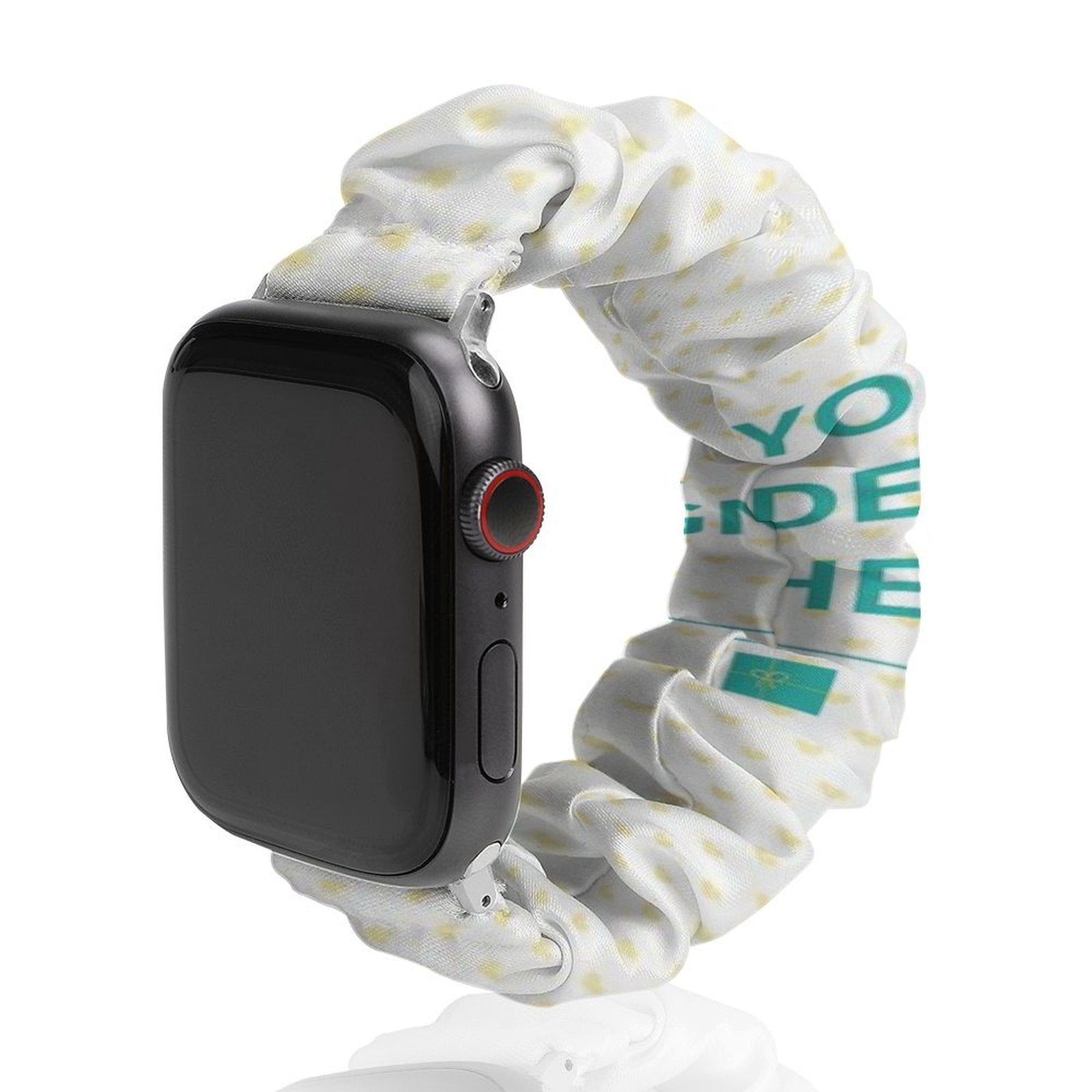 Polyester scrunchie Apple Watch band with "YO DE HE" design, white with yellow dots, comfortable fit.