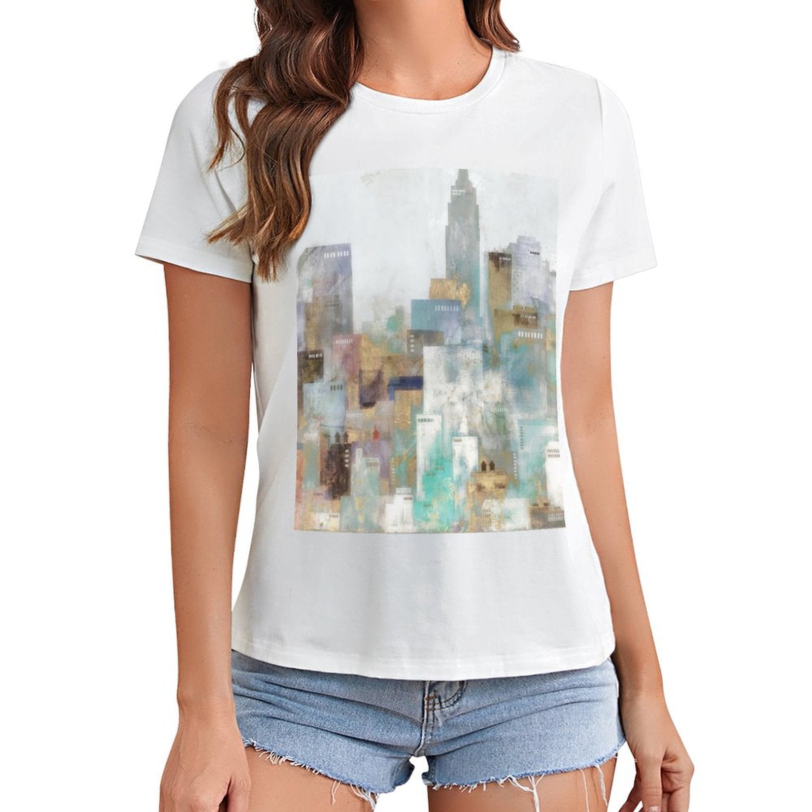 Women's white crewneck t-shirt with abstract cityscape graphic print, MyArtsyGift casual wear.