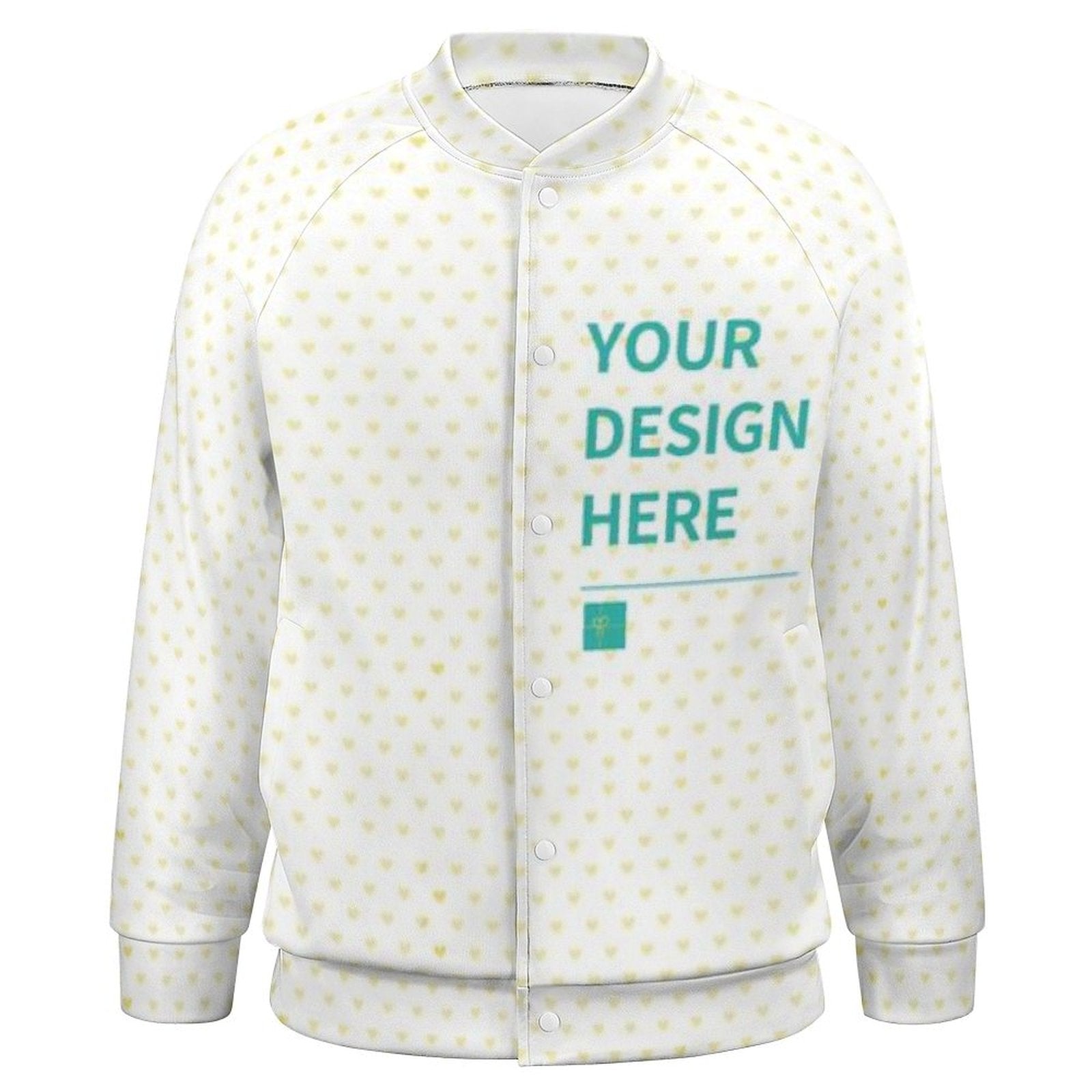 Customizable white varsity jacket with heart pattern and 'YOUR DESIGN HERE' text. Perfect for personalized gifts.