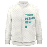 Customizable white varsity jacket with heart pattern and 'YOUR DESIGN HERE' text. Perfect for personalized gifts.