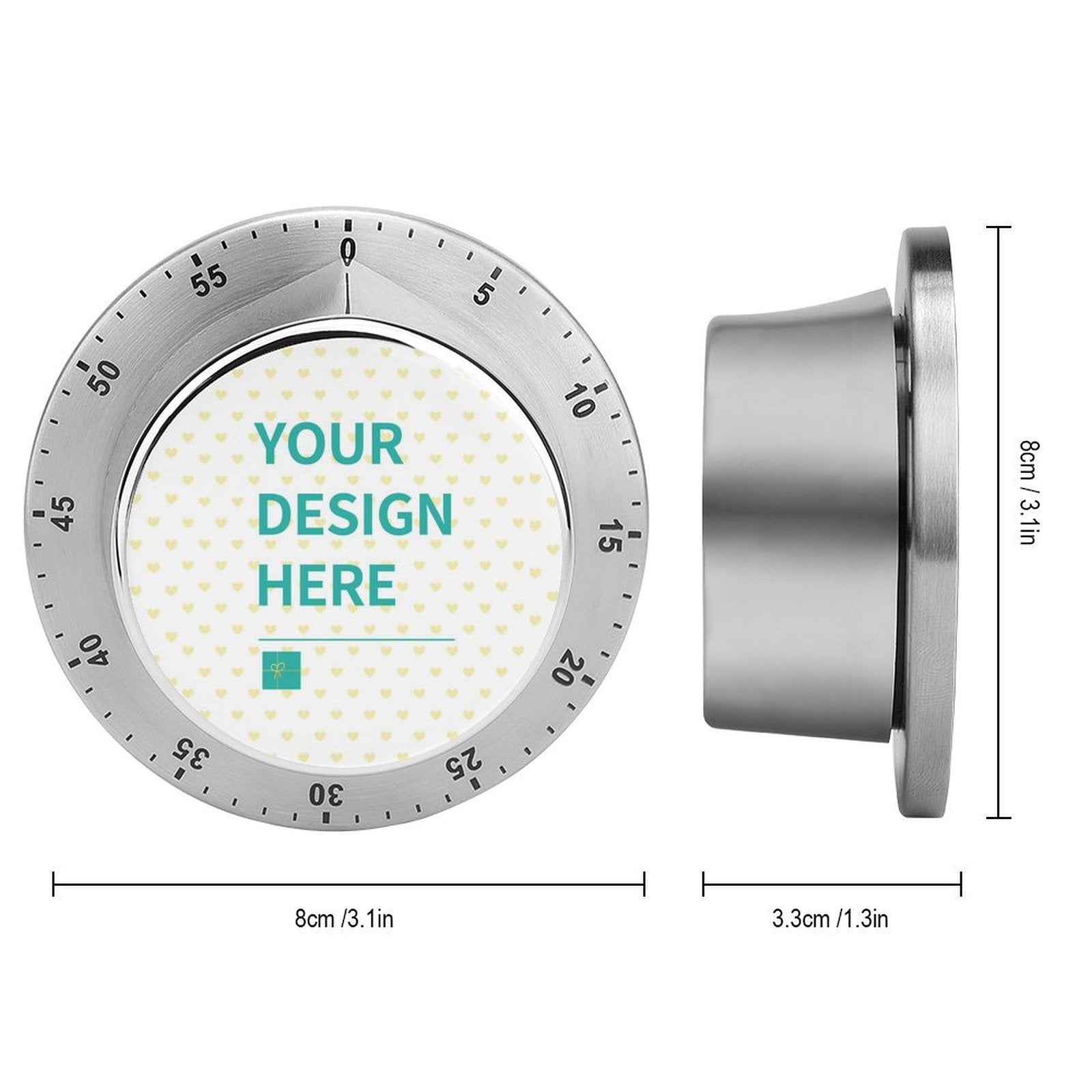 Customizable stainless steel kitchen timer with 'YOUR DESIGN HERE' design, 60-minute scale, perfect for school kitchens.