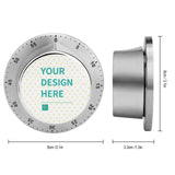 Customizable stainless steel kitchen timer with 'YOUR DESIGN HERE' design, 60-minute scale, perfect for school kitchens.