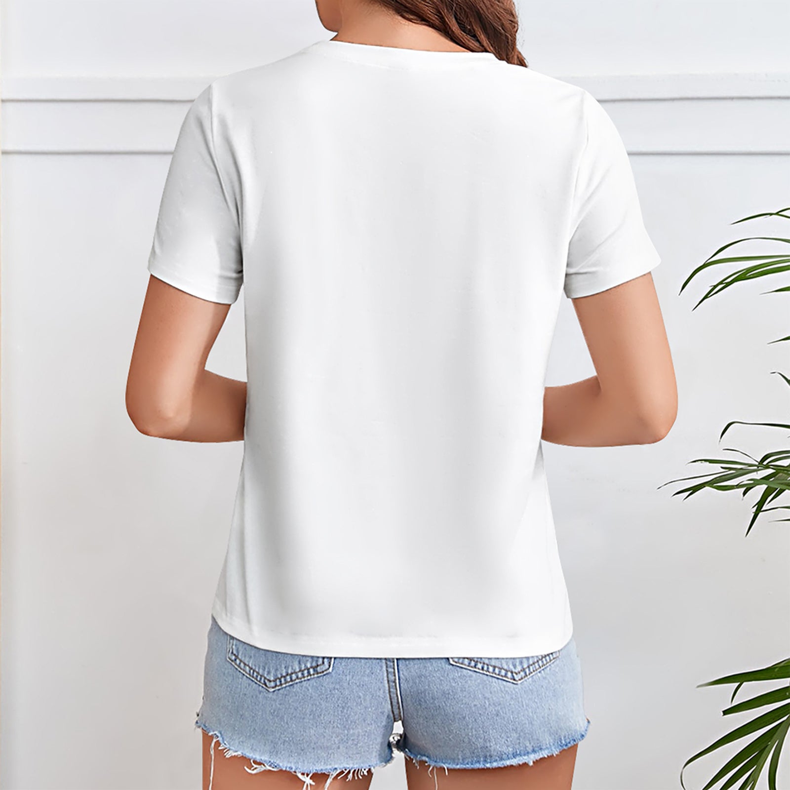 Back view of a white crewneck t-shirt, MyArtsyGift style, perfect for casual wear. Made of premium fabric.