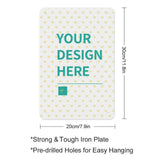 Personalized metal tin sign with 'YOUR DESIGN HERE' text and heart pattern. Made of strong iron plate for custom designs.