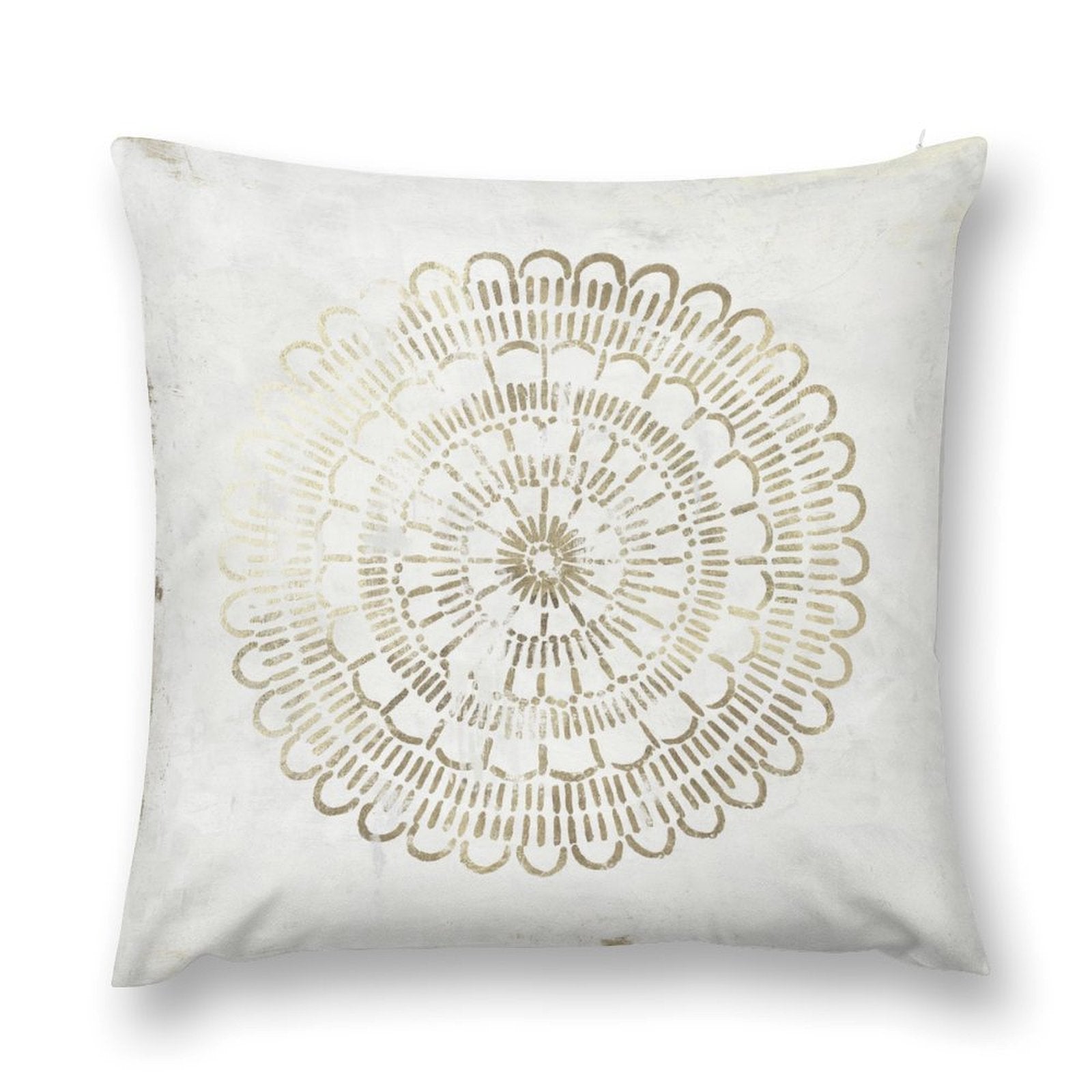 White plush throw pillow cover with gold mandala design, soft and decorative for sofa or couch.