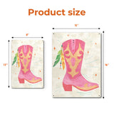 Pink cowgirl boot tin sign, product sizes 8x12 and 12x16, made in USA, home decor, wall art.