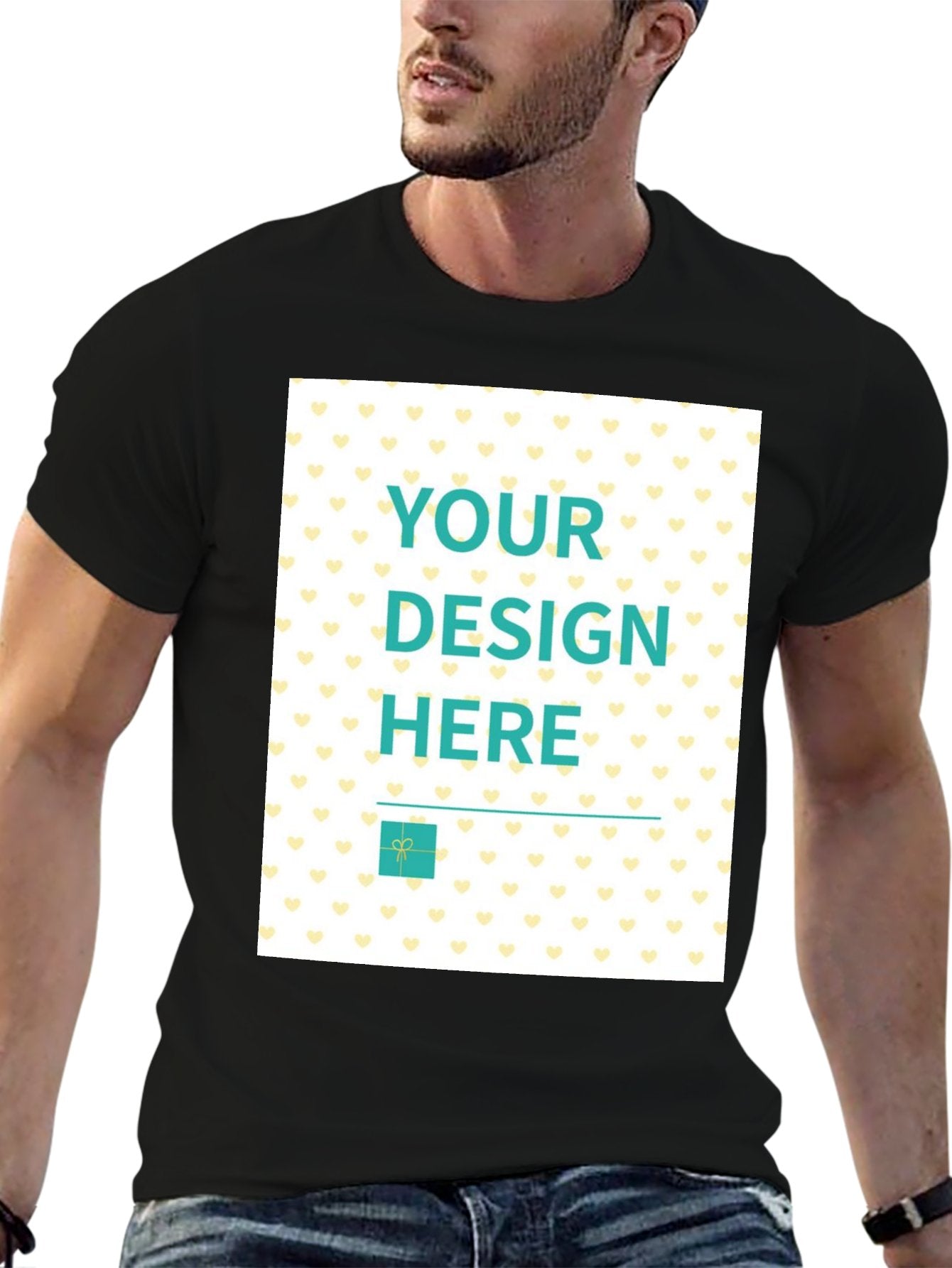 Customizable black men's t-shirt with "YOUR DESIGN HERE" design, ideal for personalized gifts