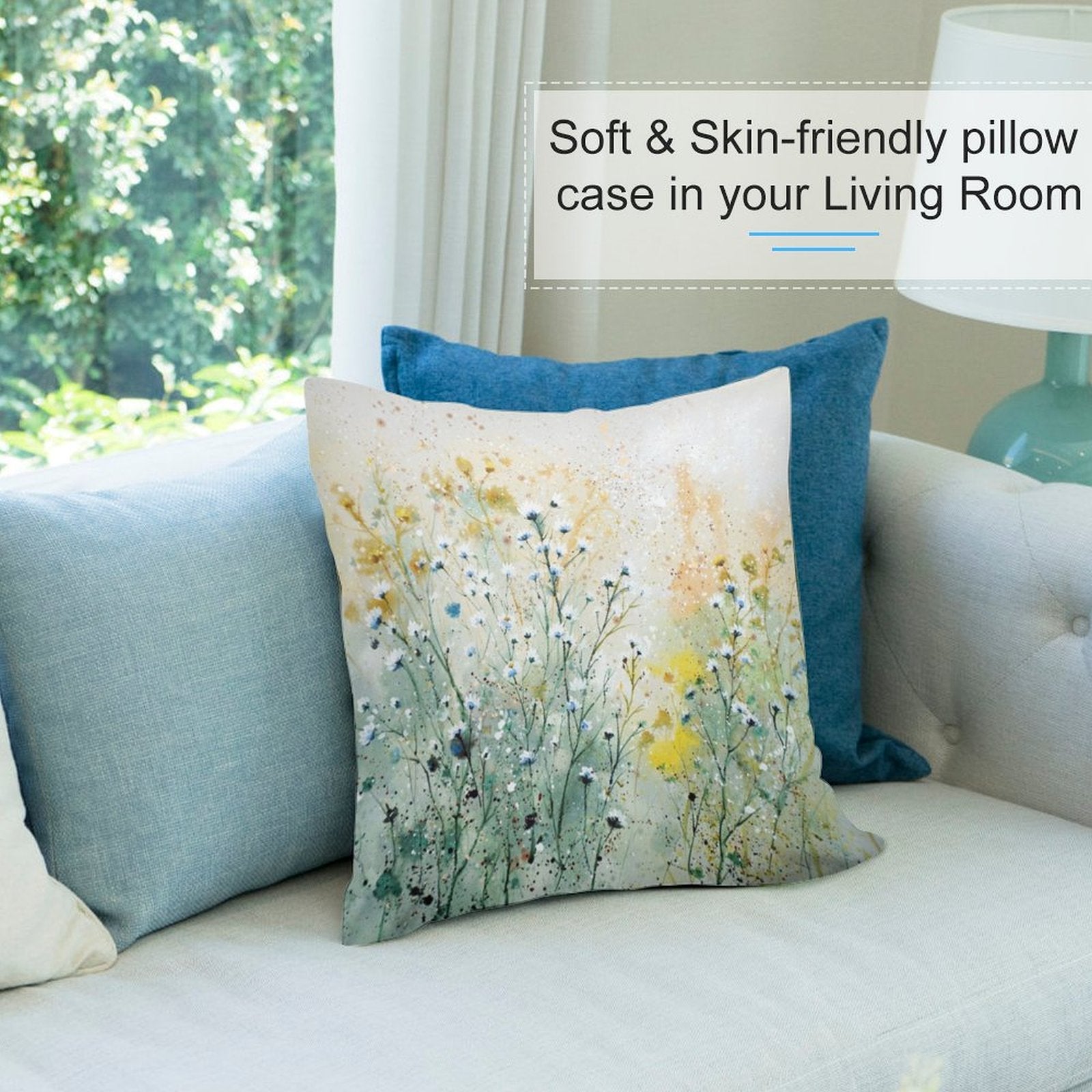 Soft plush pillow cover with watercolor floral design, perfect for living room decor, soft and skin-friendly.