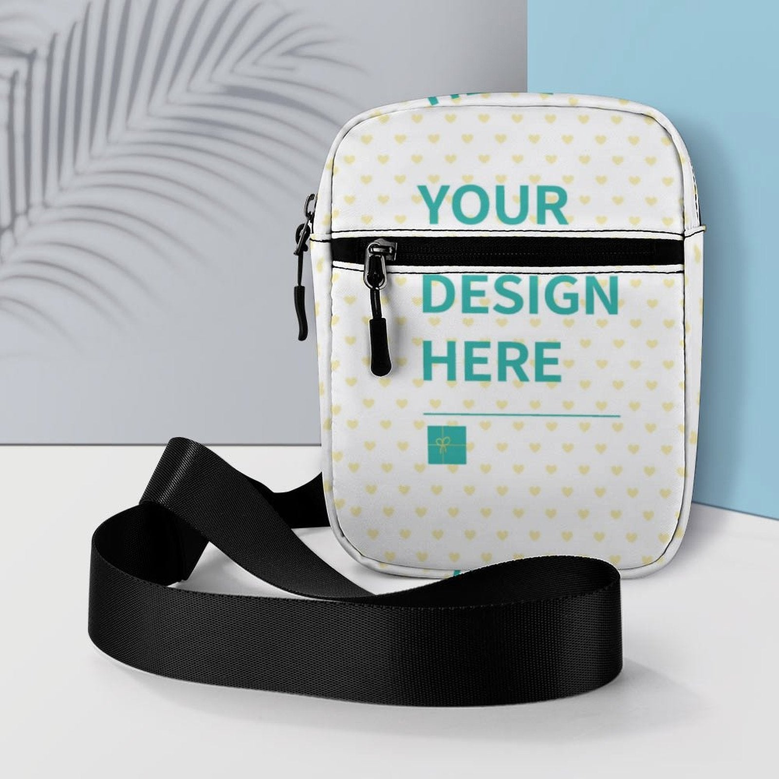 Customizable white Oxford cloth crossbody bag with 'YOUR DESIGN HERE' text, perfect personalized gift.