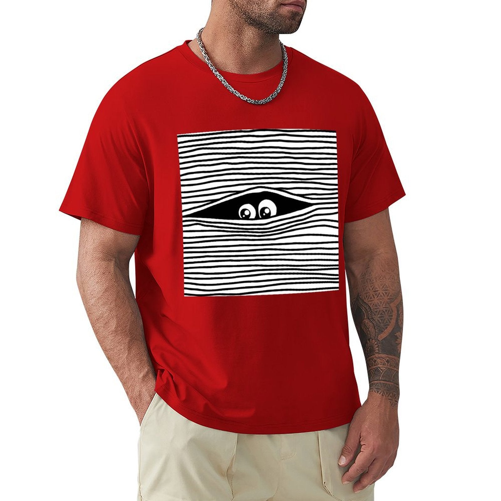 Red men's crew neck t-shirt with eye graphic. Classic cotton tee from MyArtsyGift, perfect for unique style.