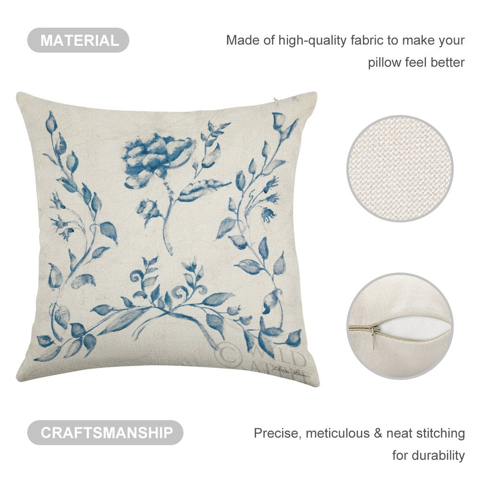 Linen pillow case with blue floral Swedish tile design, premium craftsmanship, MyArtsyGift, Made in USA