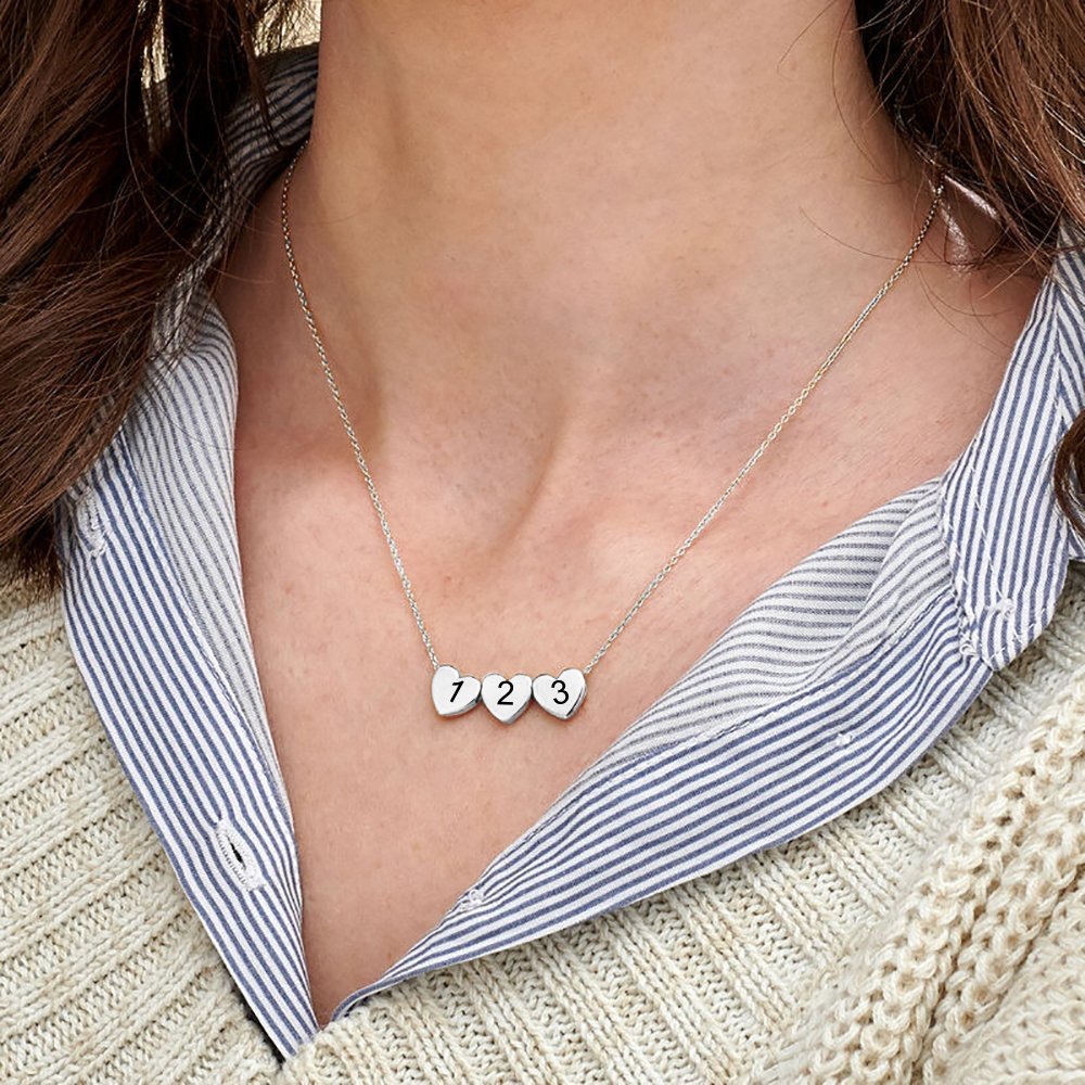 Personalized silver heart necklace with numbers 1, 2, and 3. Perfect gift for women. Silver heart pendant necklace.