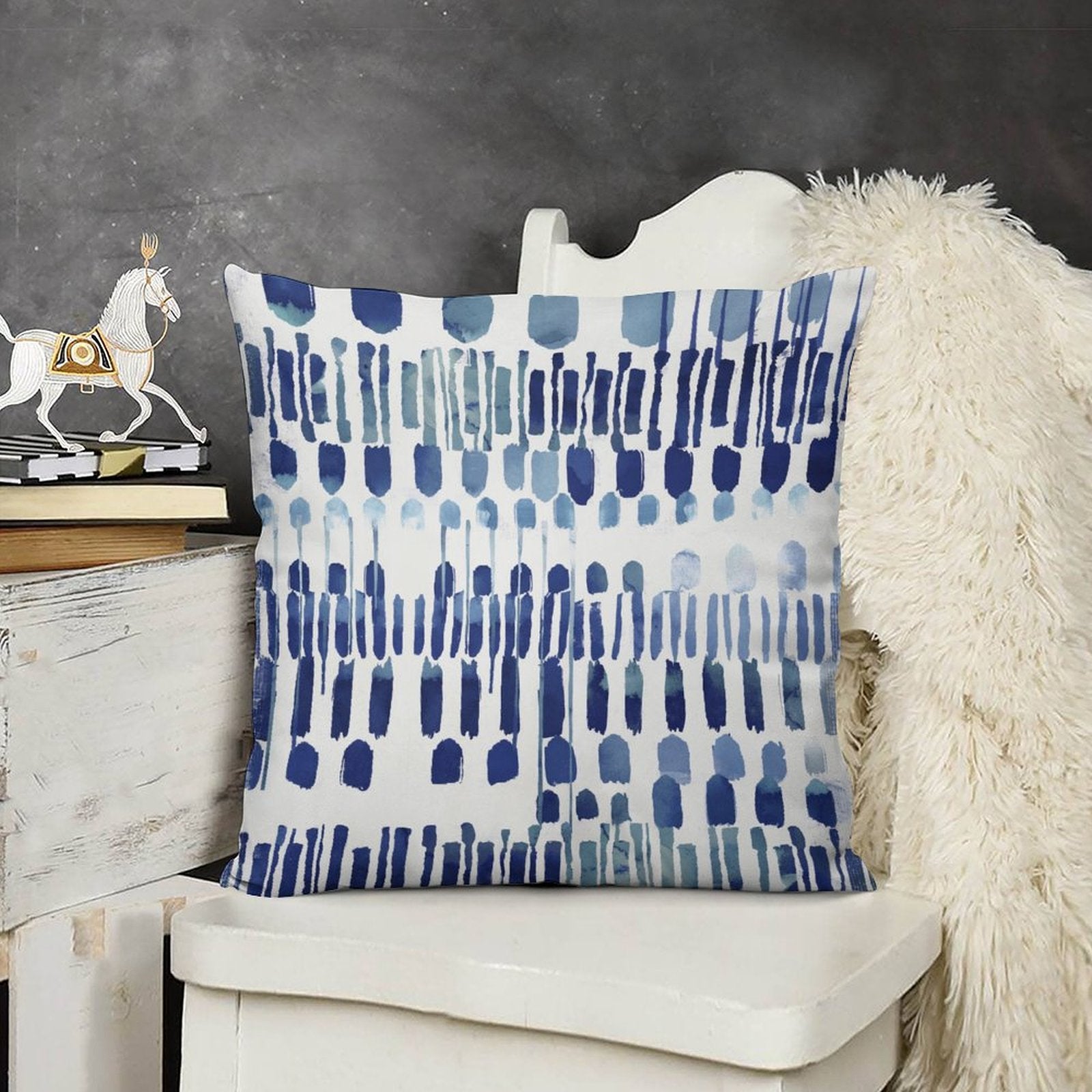 Blue abstract pattern plush pillow cover, decorative for sofa or bed. Short plush fabric, stylish design.