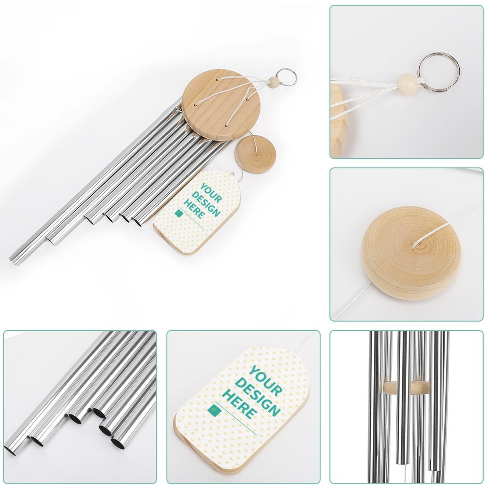 Custom wind chime with aluminum tubes, wooden elements, and personalized design, ideal for garden decor