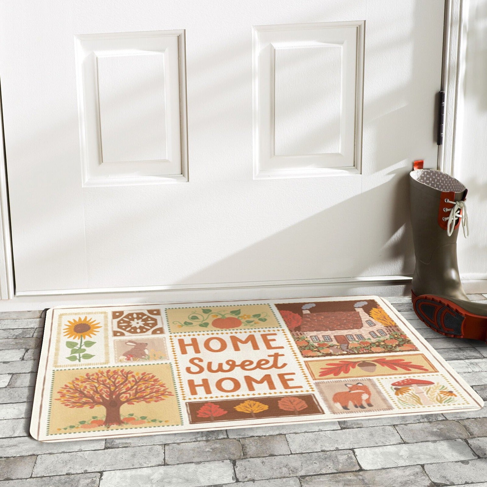 Autumn Entrance Doormat with Home Sweet Home text and fall motifs, rubber floor mat for indoor/outdoor use.