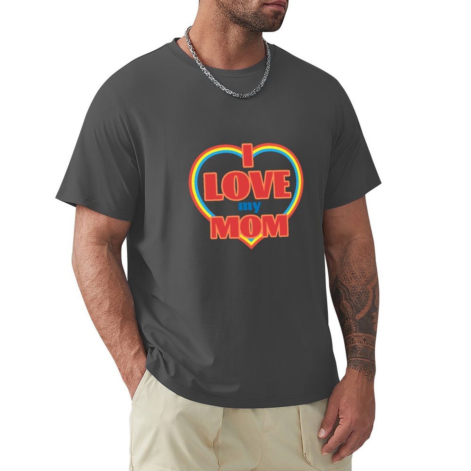 Men's black cotton crew neck t-shirt featuring 'I Love My Mom' design, perfect gift.