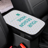 Custom car armrest cushion with personalized design, neoprene material for comfort.