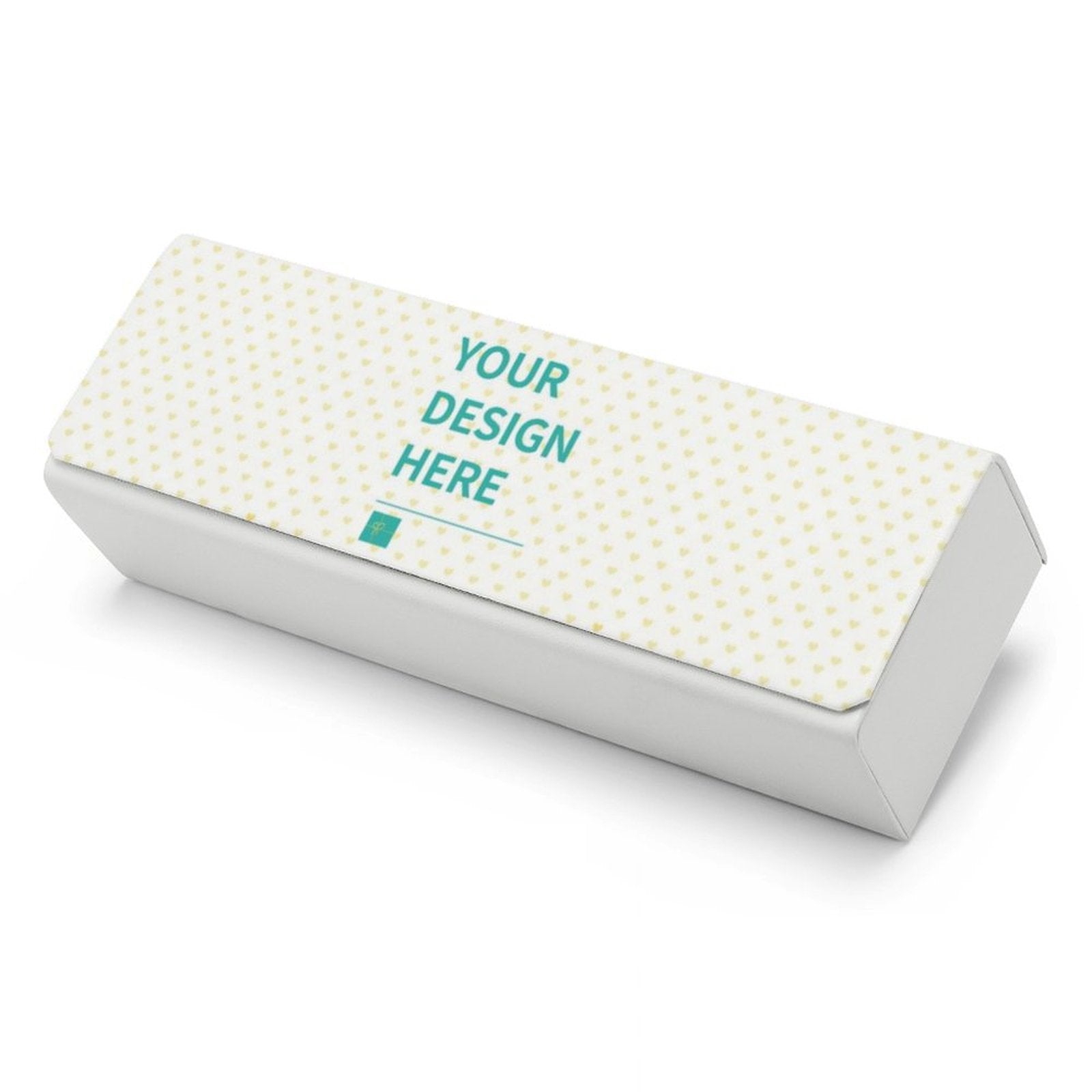 Personalized leather eyeglass case with 'YOUR DESIGN HERE' text, suitable for custom gifts for men and women.